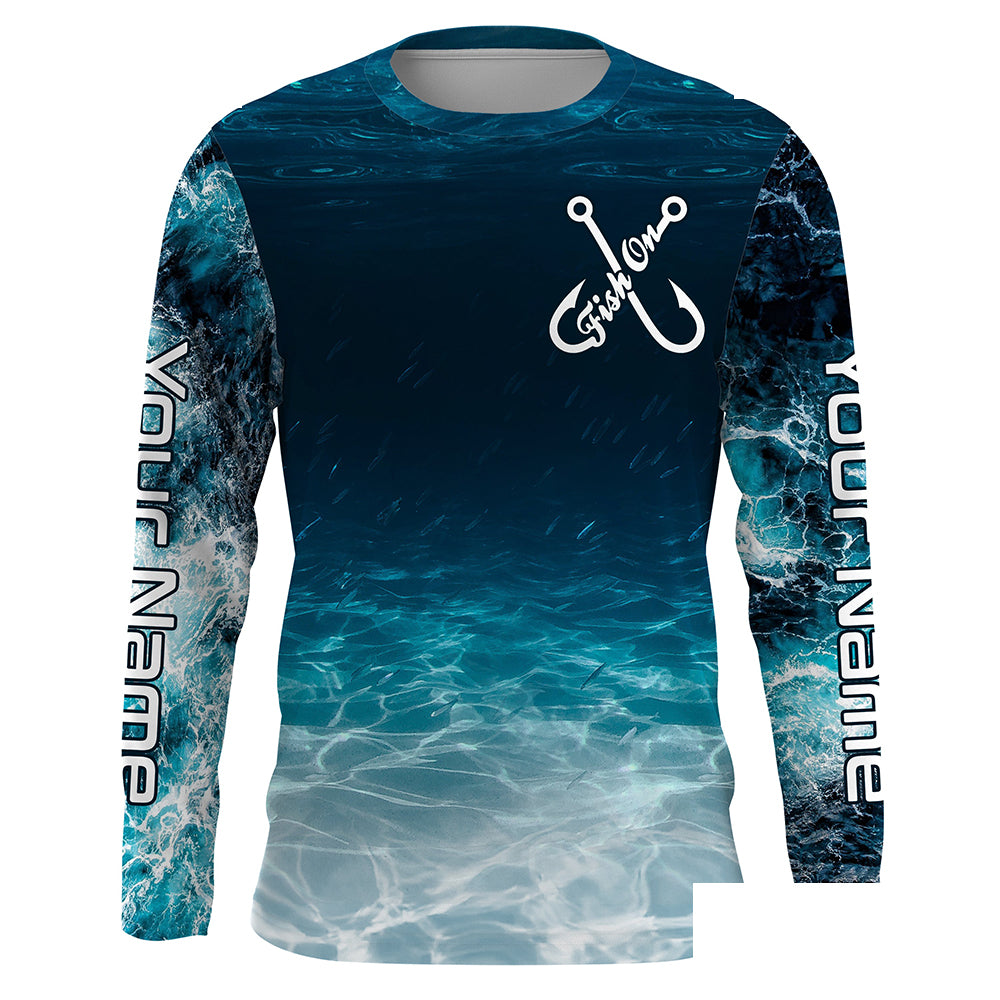 Fish on blue sea wave water camo Custom name Long sleeve, Long Sleeve Hooded NPQ848