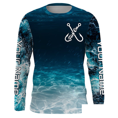 Fish on blue sea wave water camo Custom name Long sleeve, Long Sleeve Hooded NPQ848