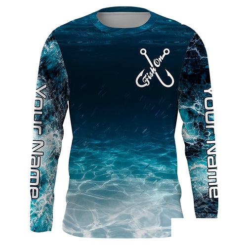 Fish on blue sea wave water camo Custom name Long sleeve, Long Sleeve Hooded NPQ848