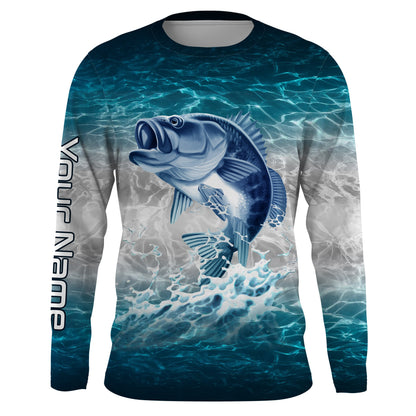 Bass fishing blue sea water camo Custom name Long sleevefishing shirts, Long Sleeve Hooded NPQ864