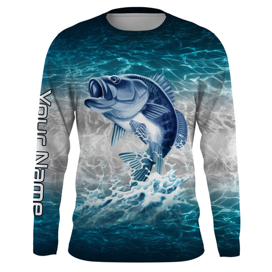 Bass fishing blue sea water camo Custom name Long sleevefishing shirts, Long Sleeve Hooded NPQ864