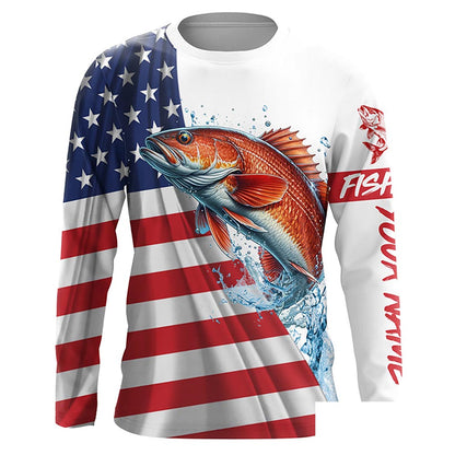 American flag patriotic Redfish fishing Custom Name UV Protection long sleeve Fishing Shirts for men NQS5369