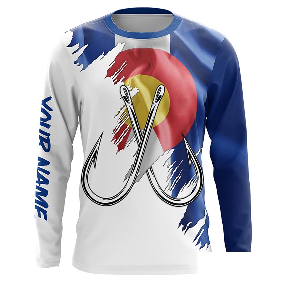 Colorado flag CO Fishing Fish Hook UV protection custom long sleeve shirts Patriotic fishing apparel NQS7974