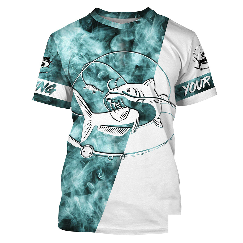 Catfish Fishing Blue Smoke 3D Customized Name Shirts For Fisherman Personalized Fishing Gifts | T-shirt - SDF82