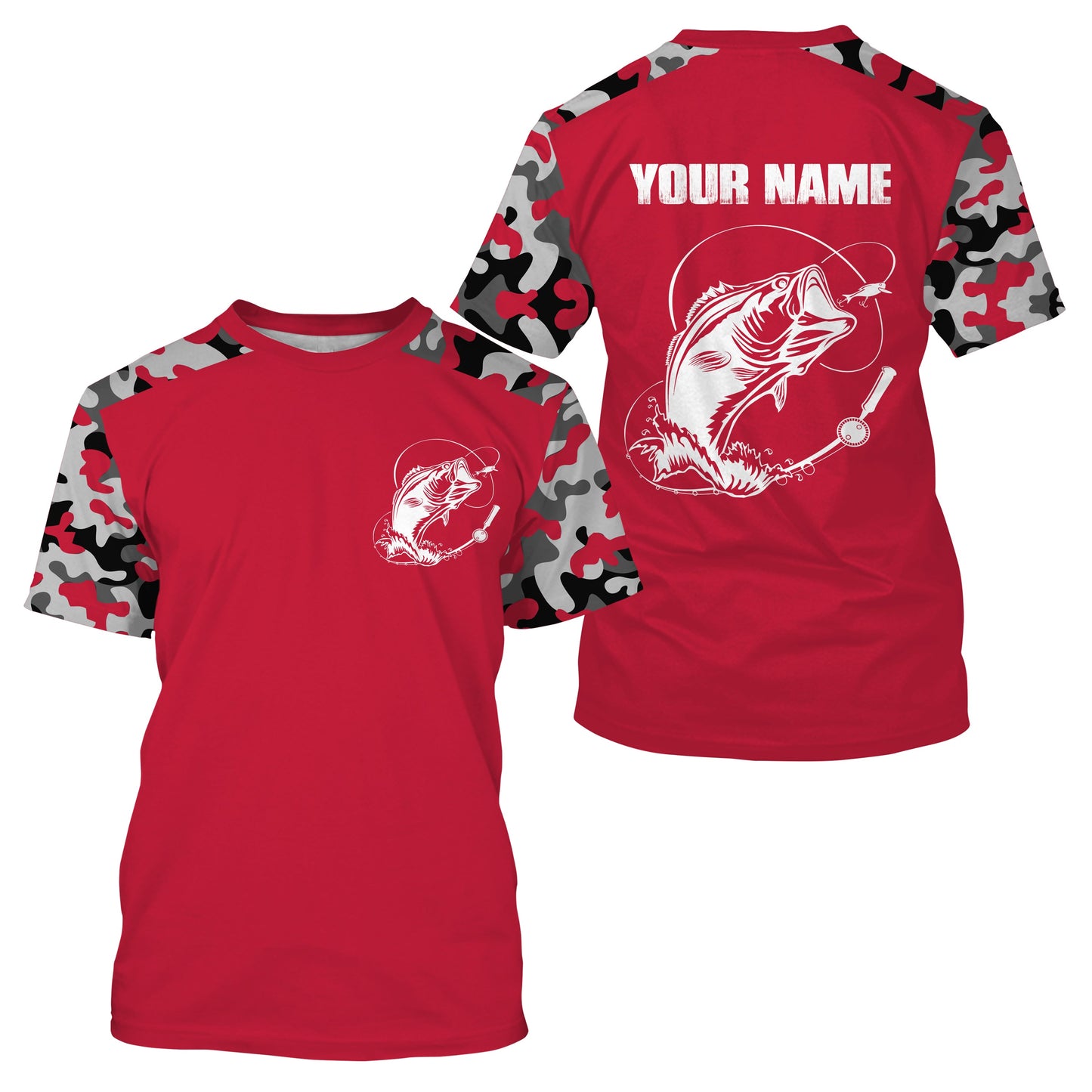 Custom Name Bass Fishing Camouflage Red Performance Fishing Shirt, Bass Fishing Jerseys - SDF128