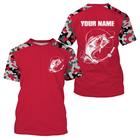Custom Name Bass Fishing Camouflage Red Performance Fishing Shirt, Bass Fishing Jerseys - SDF128