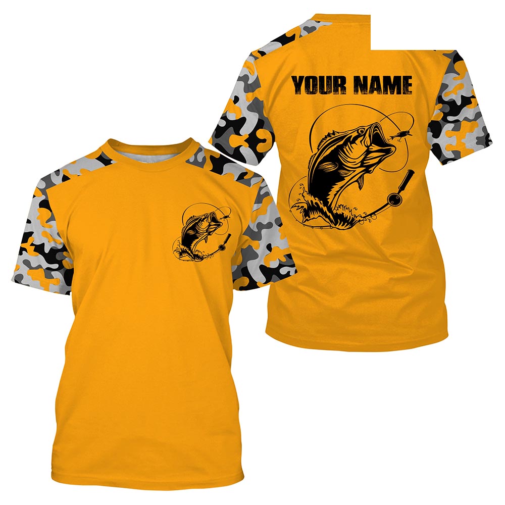 Custom Name Bass Fishing Camouflage Yellow Performance Fishing Shirt, Bass Fishing Jerseys - SDF130