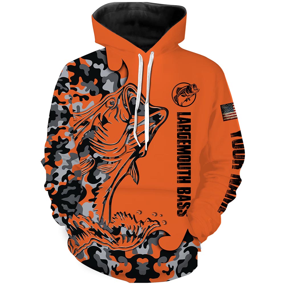 Largemouth Bass Fishing Orange Camouflage custom Name All over printed Hoodie, Fishing Apparel - SDF113