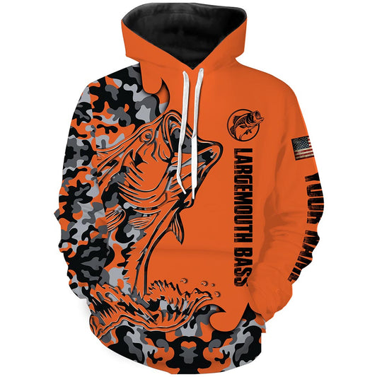 Largemouth Bass Fishing Orange Camouflage custom Name All over printed Hoodie, Fishing Apparel - SDF113