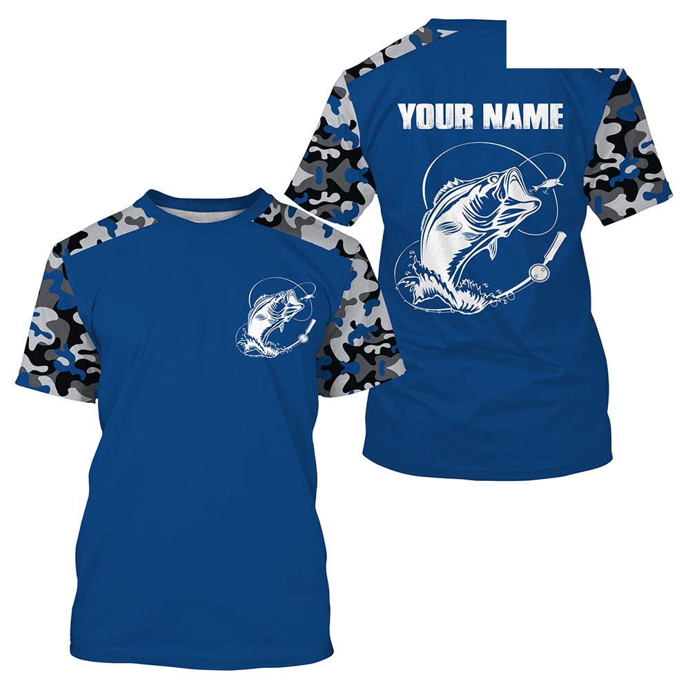 Custom Name Bass Fishing Camouflage Blue All Over Printed T-shirt, Bass Fishing Jerseys SDF73
