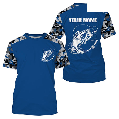 Custom Name Bass Fishing Camouflage Blue All Over Printed T-shirt, Bass Fishing Jerseys SDF73