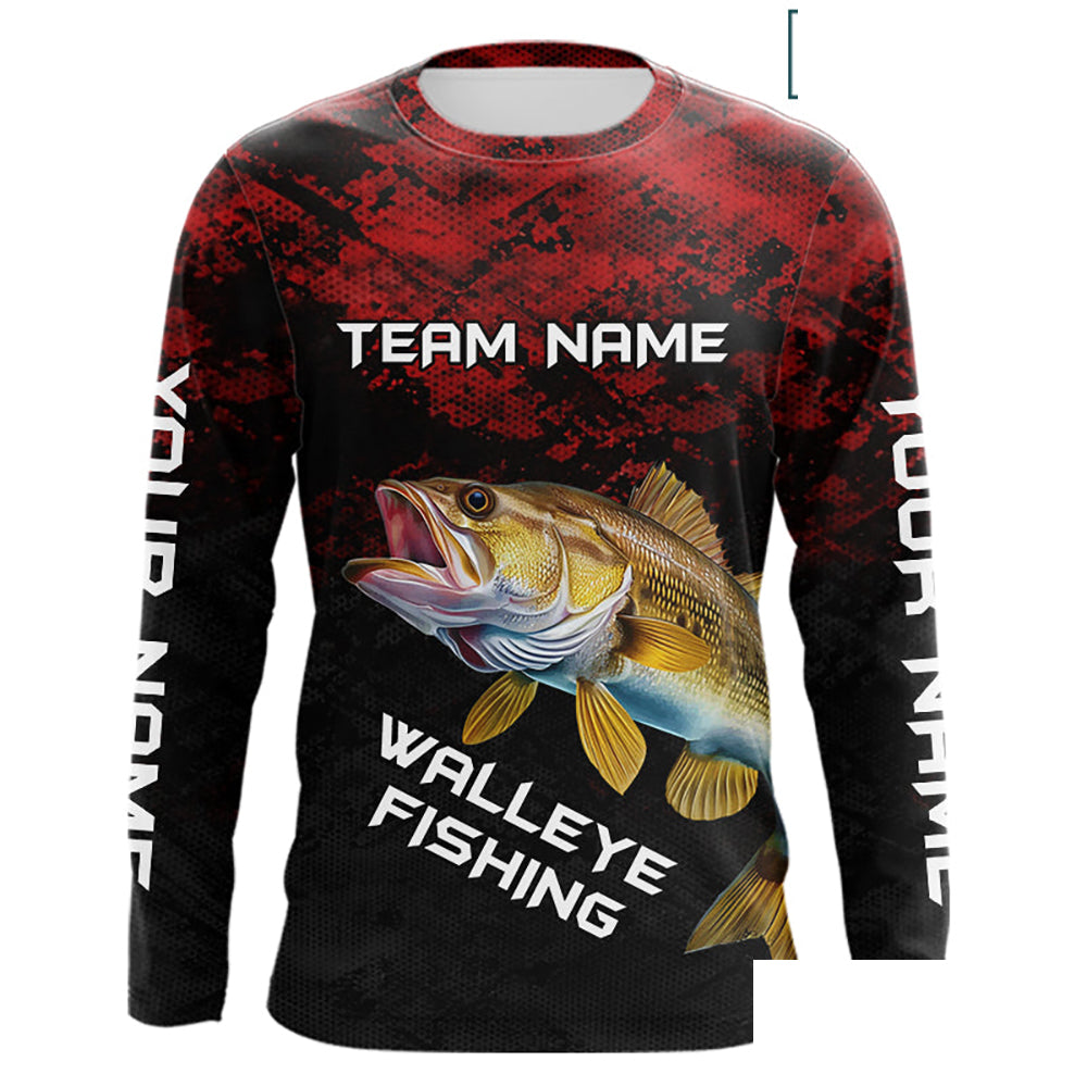 Personalized Walleye Long Sleeve Fishing Shirts Red Camo Custom Name Walleye Fishing Shirts NBT371