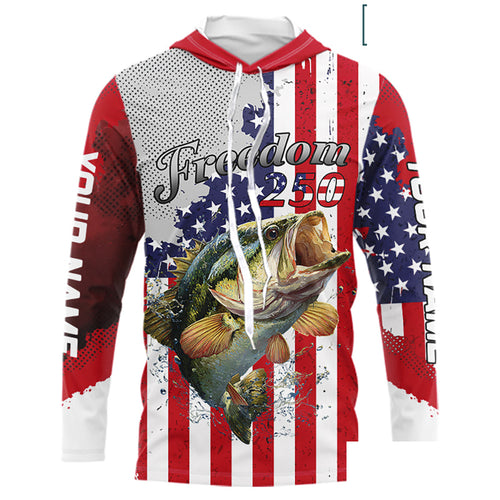 Freedom 250 Bass Long Sleeve Hooded Fishing Shirts American Flag Fishing, Custom Bass Shirts With US Flag NBT374