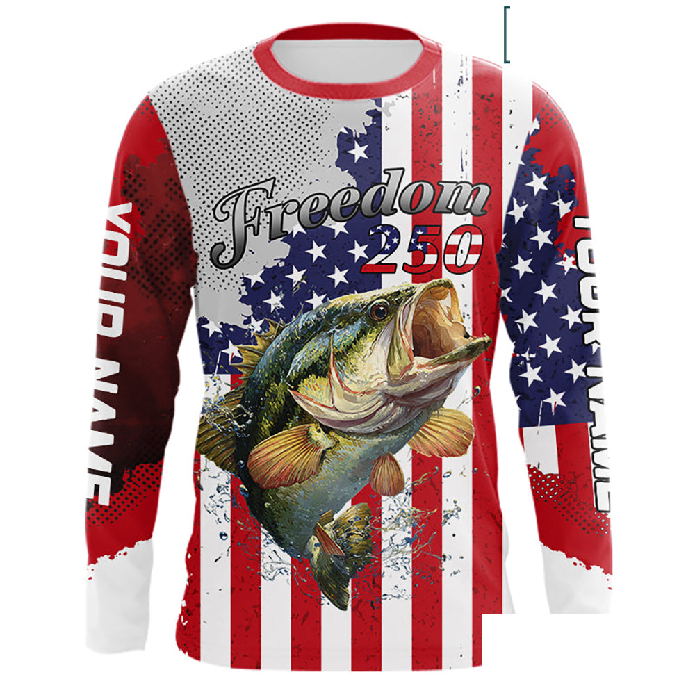Freedom 250 Bass Fishing Shirts Long Sleeve American Flag Fishing, Custom Bass Shirts With US Flag NBT374
