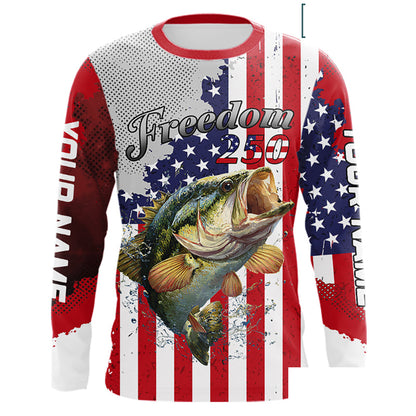 Freedom 250 Bass Fishing Shirts Long Sleeve American Flag Fishing, Custom Bass Shirts With US Flag NBT374