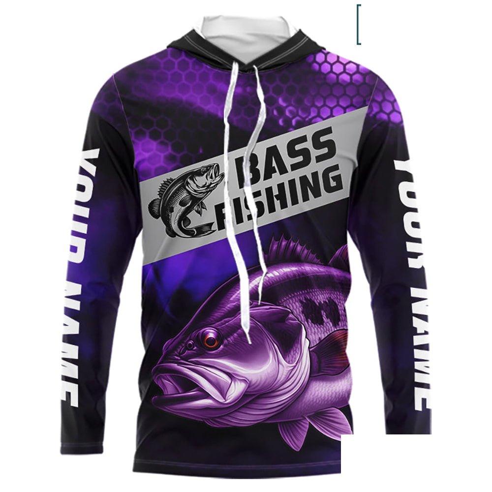 Purple Largemouth Bass Long Sleeve Hooded Fishing Shirts, Custom Big Bass Fishing Jerseys NBT379