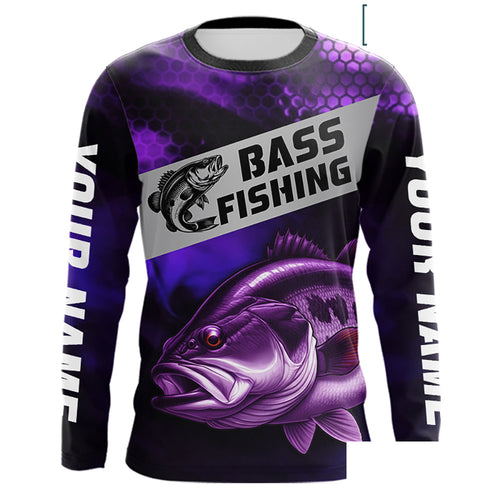 Purple Largemouth Bass Long Sleeve Fishing Shirts, Custom Big Bass Fishing Jerseys NBT379