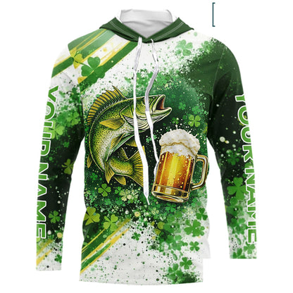 St Patrick Day Walleye Mens Long Sleeve Hooded Fishing Shirts UV Protetion, Walleye Fishing Shirts NBT384