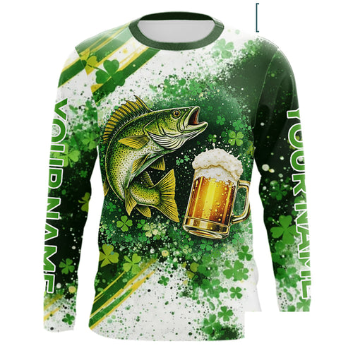 St Patrick Day Walleye Mens Long Sleeve Fishing Shirts UV Protetion, Walleye Fishing Shirts NBT384