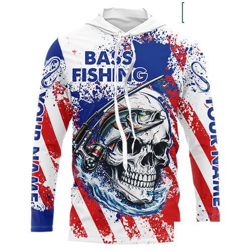 Custom American Flag Fishing Shirts Largemouth Bass Fishing Long Sleeve with Hood, Bass Fishing Shirts For Men NBT385