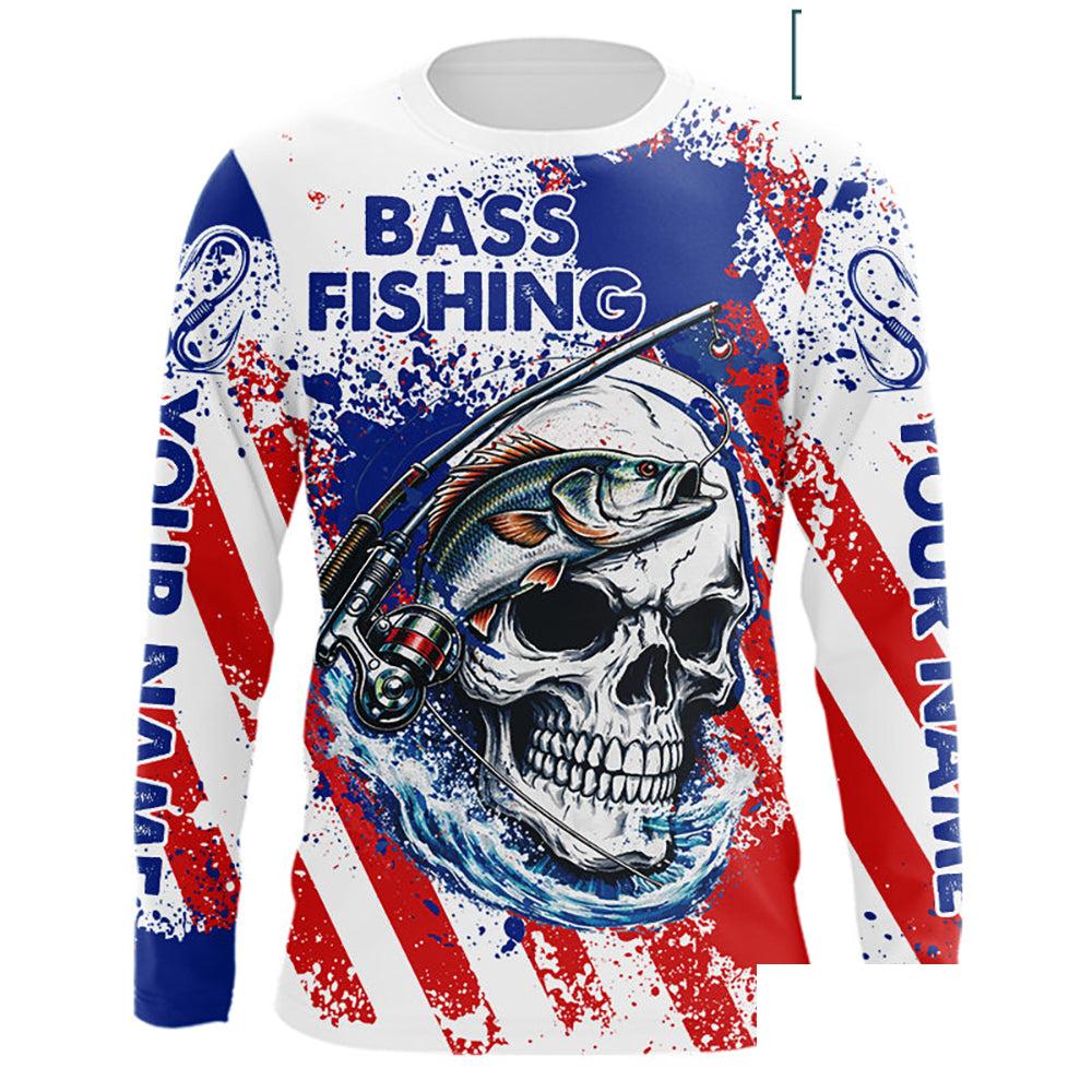 Custom American Flag Fishing Shirts Largemouth Bass Fishing Long Sleeve, Bass Fishing Shirts For Men NBT385