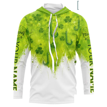 Personalized St Patrick's Day Shirts Fish Hook Long Sleeve Hooded Fishing Shirts, Mens Fishing Outfit NBT386