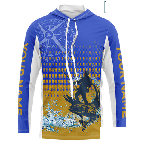 Trout Fishing Shirts Long Sleeve Hooded Fisherman Compass Blue And Yellow, Trout Fly Fishing Jerseys NBT389