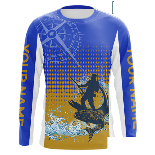 Trout Fishing Shirts Long Sleeve Fisherman Compass Blue And Yellow, Trout Fly Fishing Jerseys NBT389