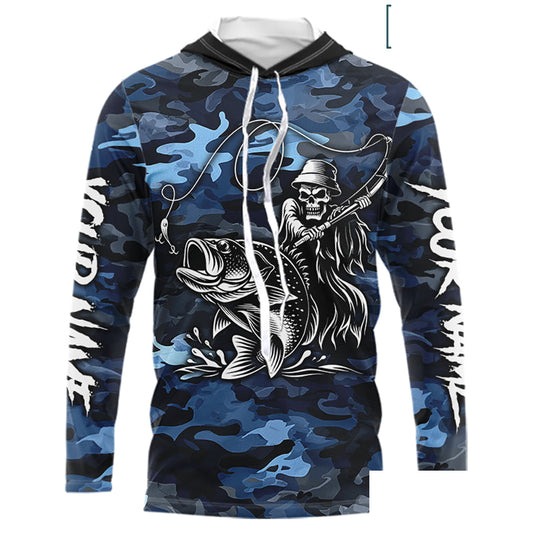 Reaper Fishing Largemouth Bass Long Sleeve Hooded Fishing Shirts Blue Camo, Camo Fishing Shirt NBT391