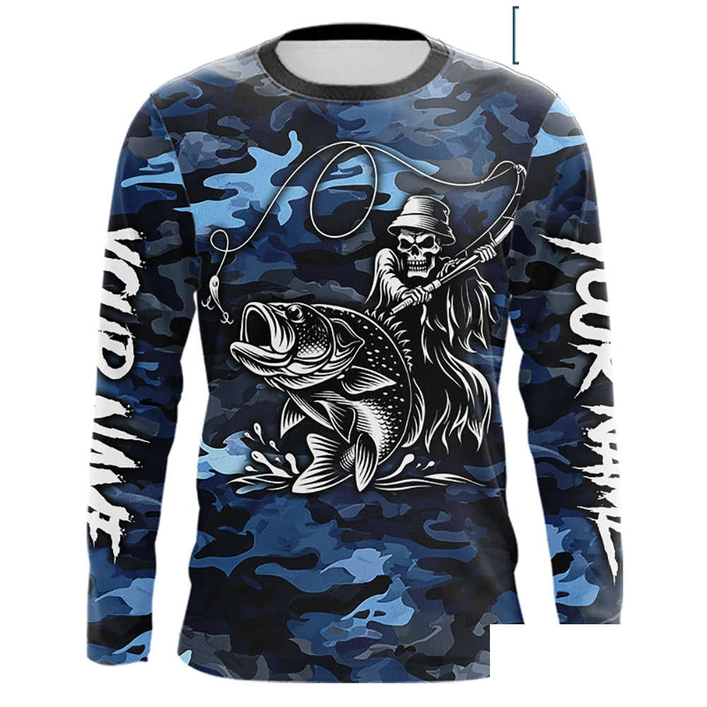 Reaper Fishing Largemouth Bass Long Sleeve Fishing Shirts Blue Camo, Camo Fishing Shirt NBT391