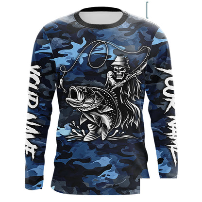 Reaper Fishing Largemouth Bass Long Sleeve Fishing Shirts Blue Camo, Camo Fishing Shirt NBT391