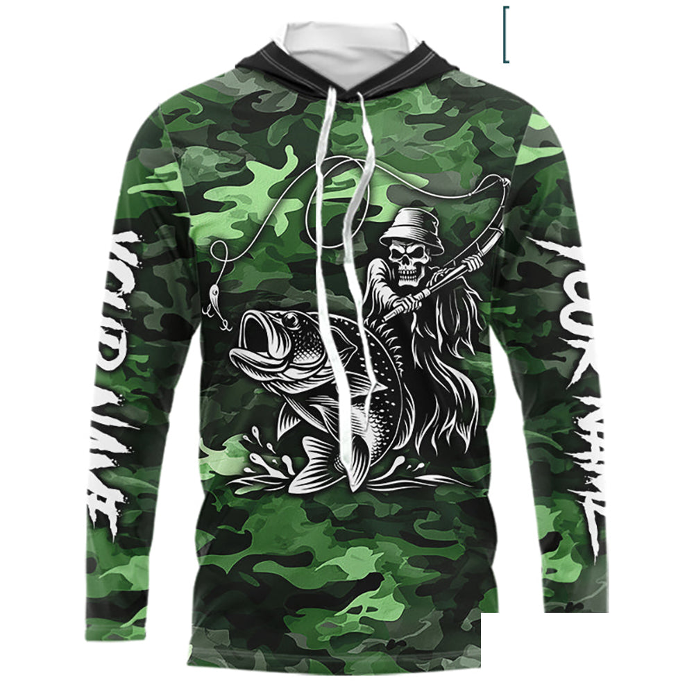 Reaper Fishing Largemouth Bass Long Sleeve Hooded Fishing Shirts Green Camo, Camo Fishing Shirt NBT392