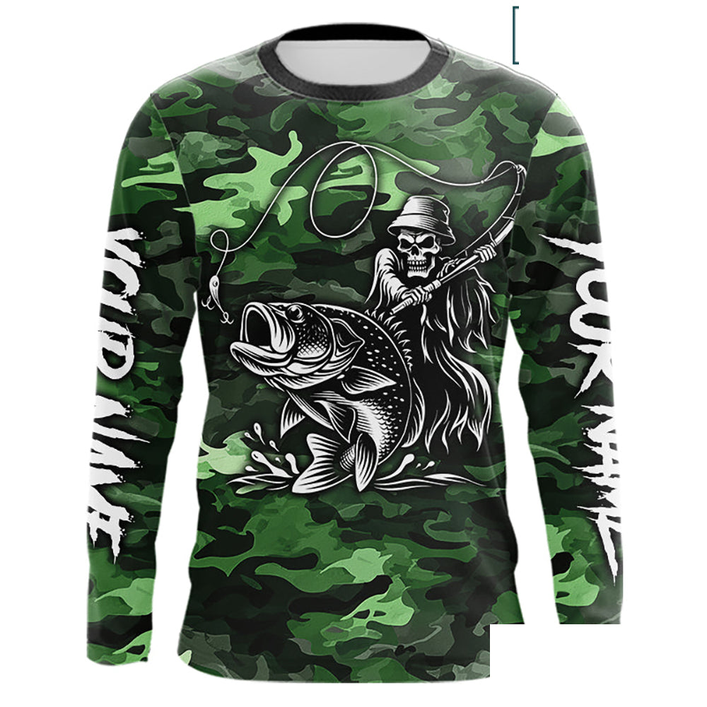 Reaper Fishing Largemouth Bass Long Sleeve Fishing Shirts Green Camo, Camo Fishing Shirt NBT392