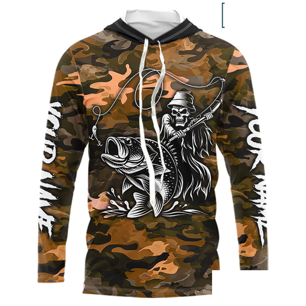 Reaper Fishing Largemouth Bass Long Sleeve Hooded Fishing Shirts Orange Camo, Camo Fishing Shirt NBT393