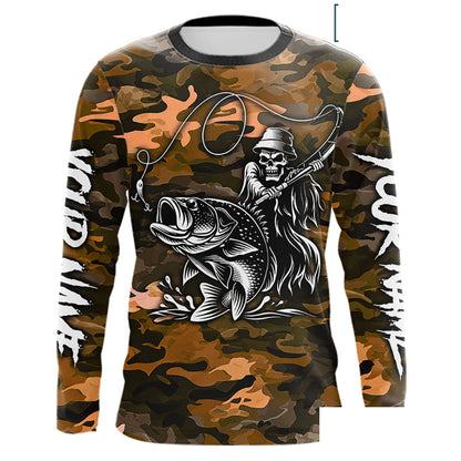 Reaper Fishing Largemouth Bass Long Sleeve Fishing Shirts Orange Camo, Camo Fishing Shirt NBT393