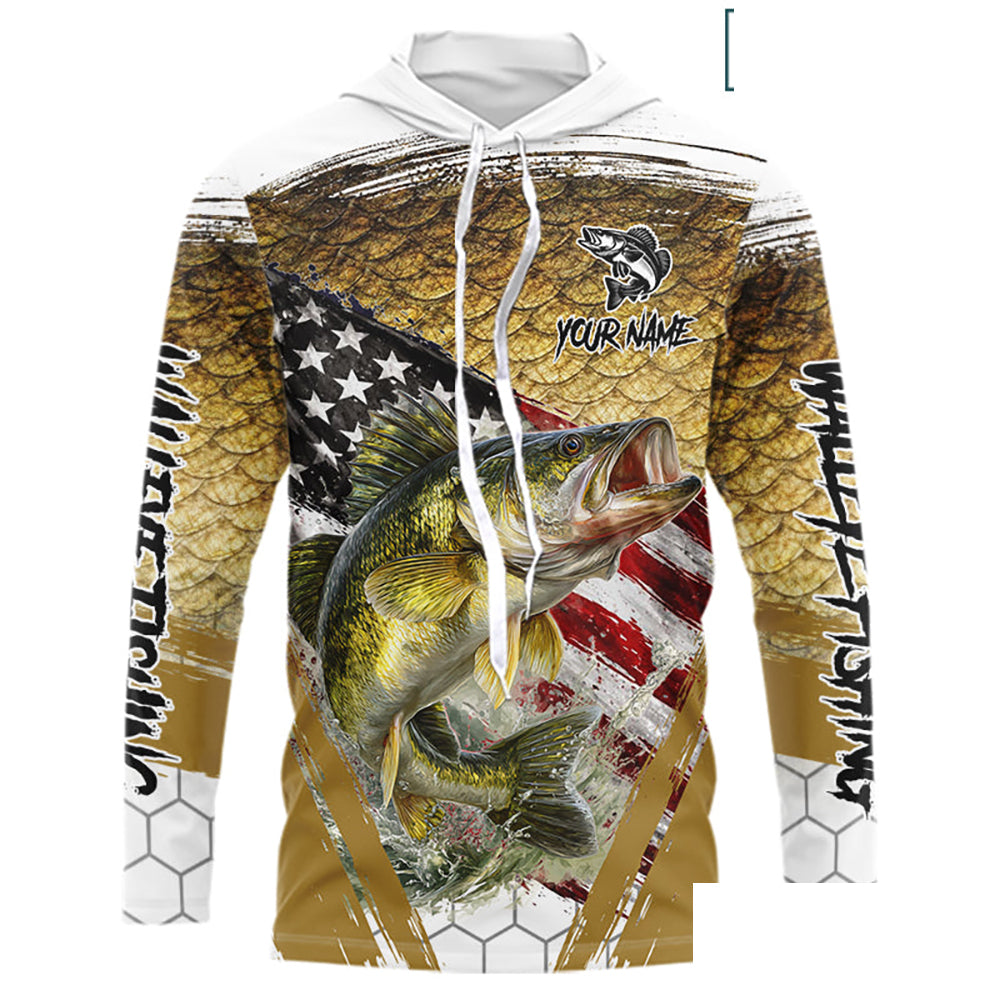 American Flag Walleye Long Sleeve Hooded Fishing Shirts Fish Scale, Custom Patriotric Walleye Fishing Shirts NBT394