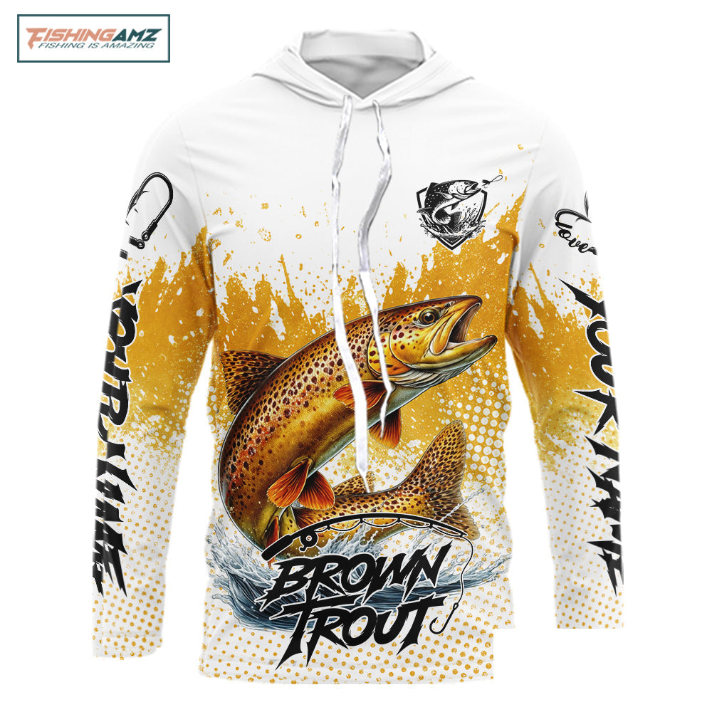Custom Brown Trout Long Sleeve Hooded Fishing Shirts Yellow Camo Fishing Lures, Custom Fishing Jerseys NBT377