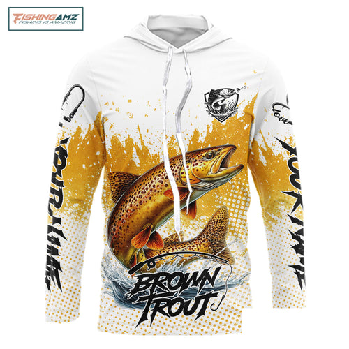 Custom Brown Trout Long Sleeve Hooded Fishing Shirts Yellow Camo Fishing Lures, Custom Fishing Jerseys NBT377