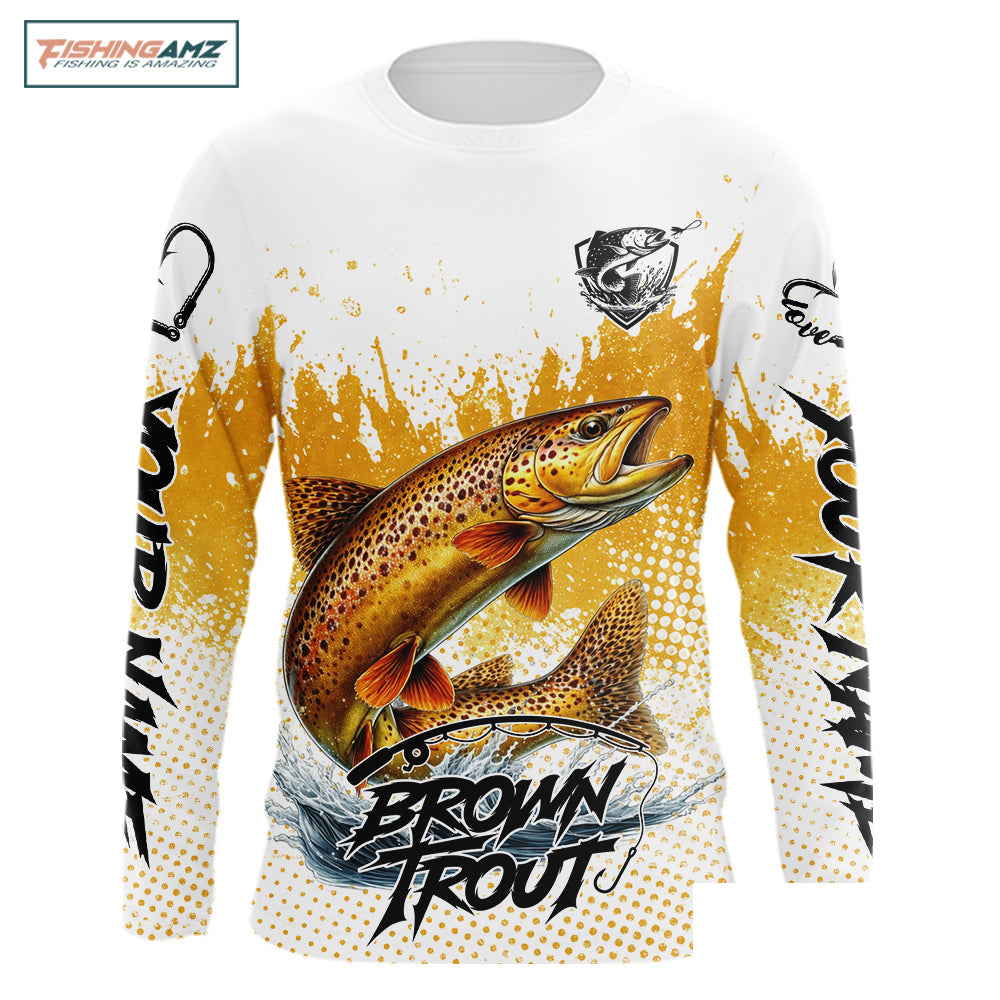 Custom Brown Trout Long Sleeve Fishing Shirts Yellow Camo Fishing Lures, Custom Fishing Jerseys NBT377