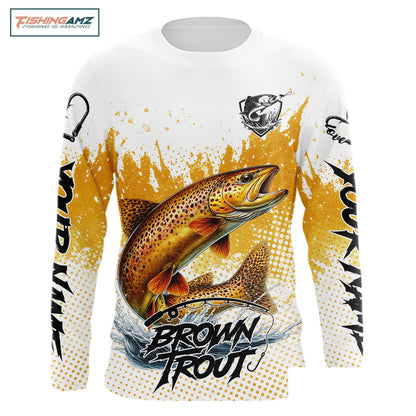 Custom Brown Trout Long Sleeve Fishing Shirts Yellow Camo Fishing Lures, Custom Fishing Jerseys NBT377