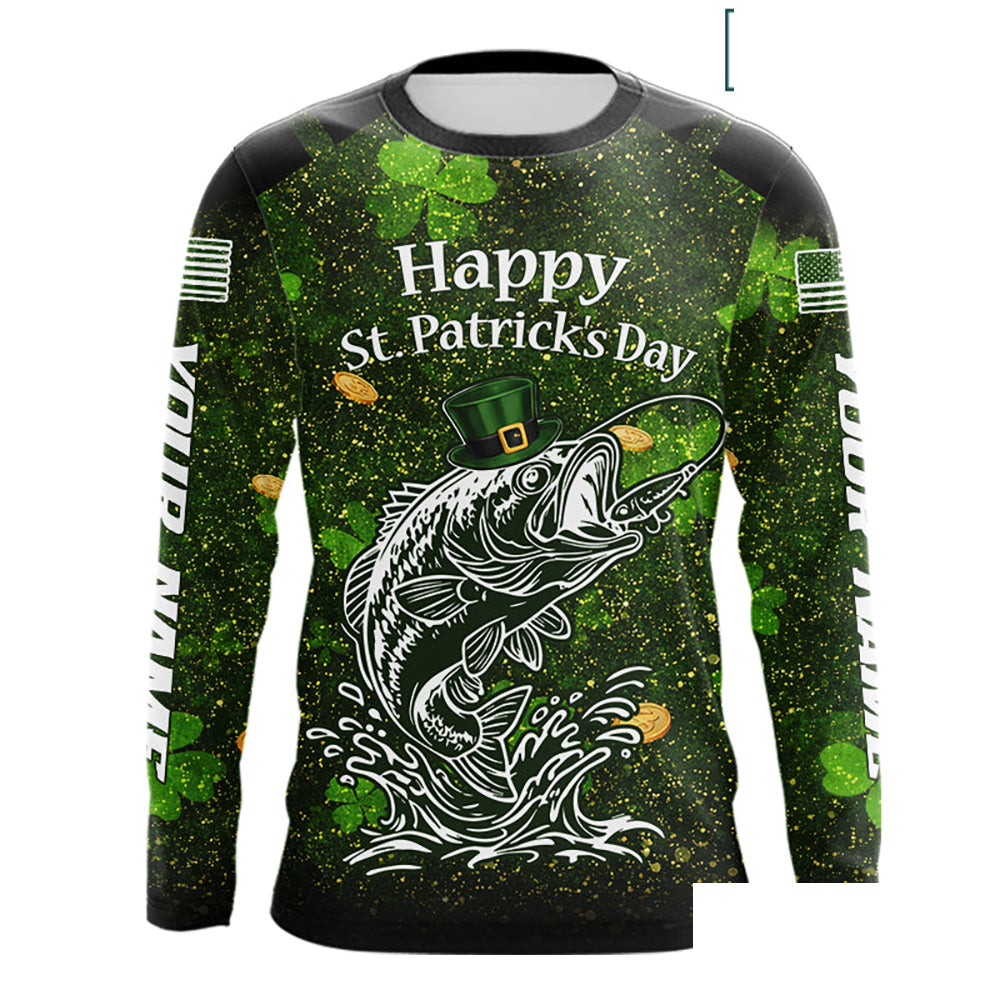 Custom St Patrick's Day American Flag Bass Long Sleeve Fishing Shirts, Patriotric Bass Fishing Jerseys NBT381