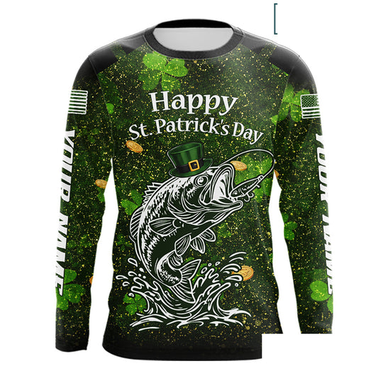 Custom St Patrick's Day American Flag Bass Long Sleeve Fishing Shirts, Patriotric Bass Fishing Jerseys NBT381