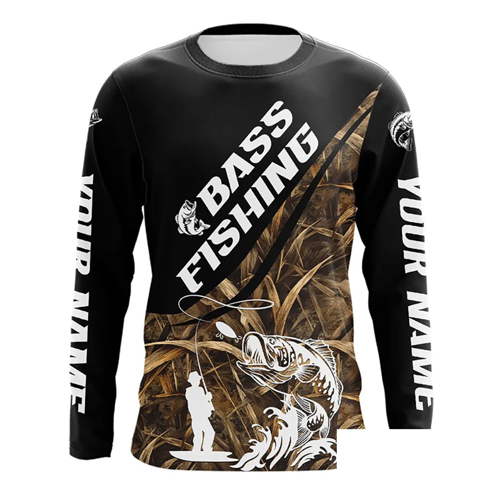 Personalized Largemouth Bass Tatto Grass Camo Customized Long Fishing Tournament Shirts NBT355