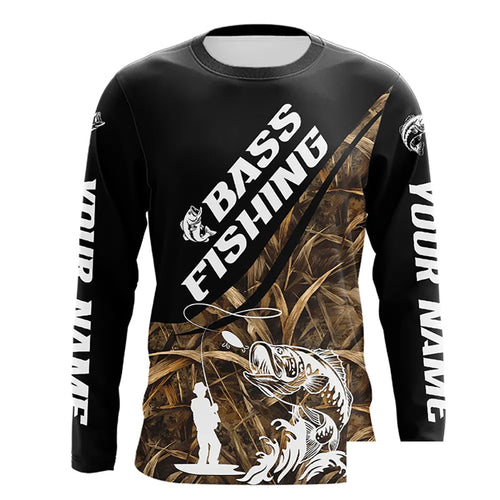 Personalized Largemouth Bass Tatto Grass Camo Customized Long Fishing Tournament Shirts NBT355
