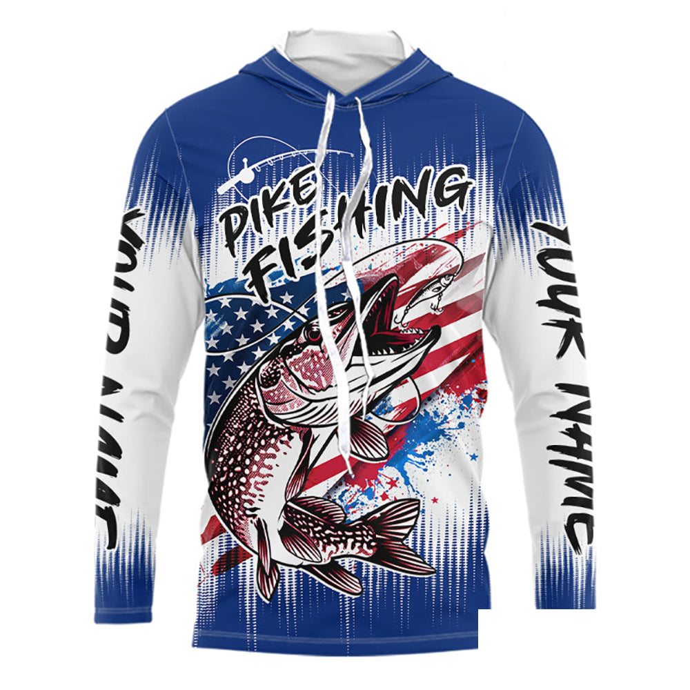 Personalized American Flag Northern Pike Long Sleeve Hooded Shirts, Patriotic Pike Fishing Jerseys|Blue NBT655