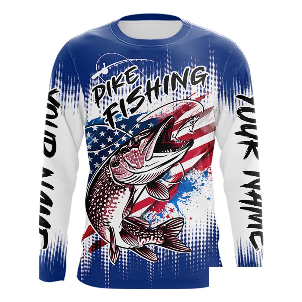 Personalized American Flag Northern Pike Fishing Shirts Long Sleeve, Patriotic Pike Fishing Jerseys|Blue NBT655