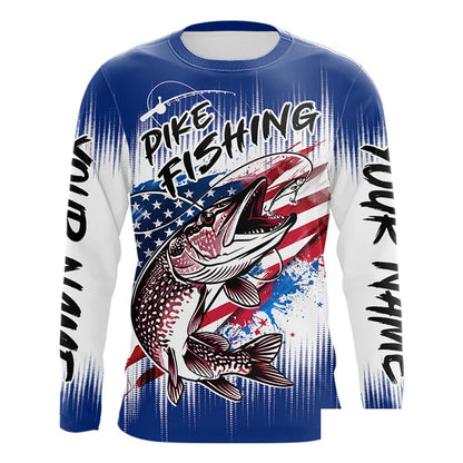 Personalized American Flag Northern Pike Fishing Shirts Long Sleeve, Patriotic Pike Fishing Jerseys|Blue NBT655