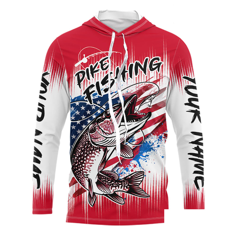 Personalized American Flag Northern Pike Long Sleeve Hooded Shirts, Patriotic Pike Fishing Jerseys|Red NBT656