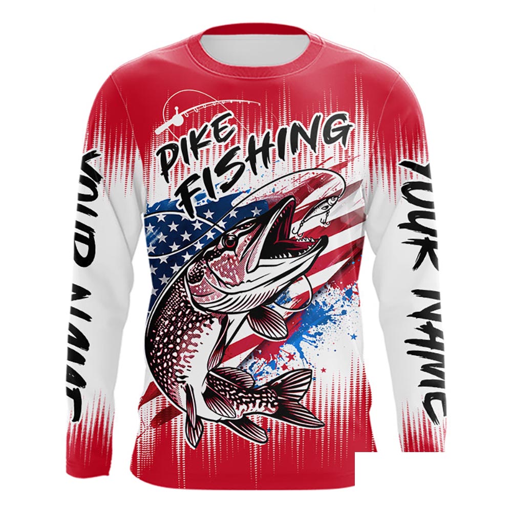 Personalized American Flag Northern Pike Fishing Shirts Long Sleeve, Patriotic Pike Fishing Jerseys|Red NBT656