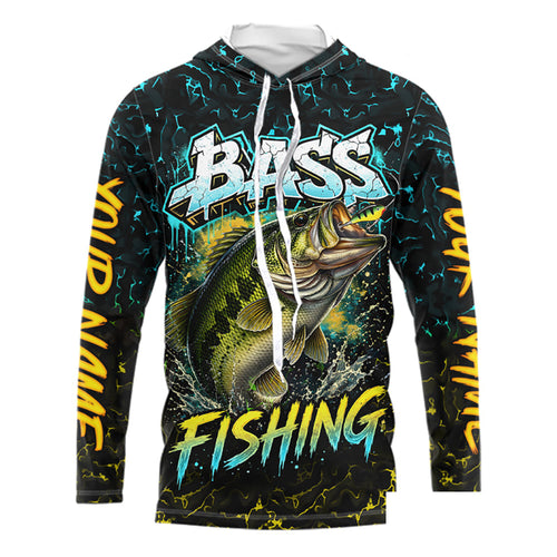 Personalized Neon Color Bass Long Sleeve Hooded Shirts, Largemouth Bass Fishing Jerseys For Men NBT668